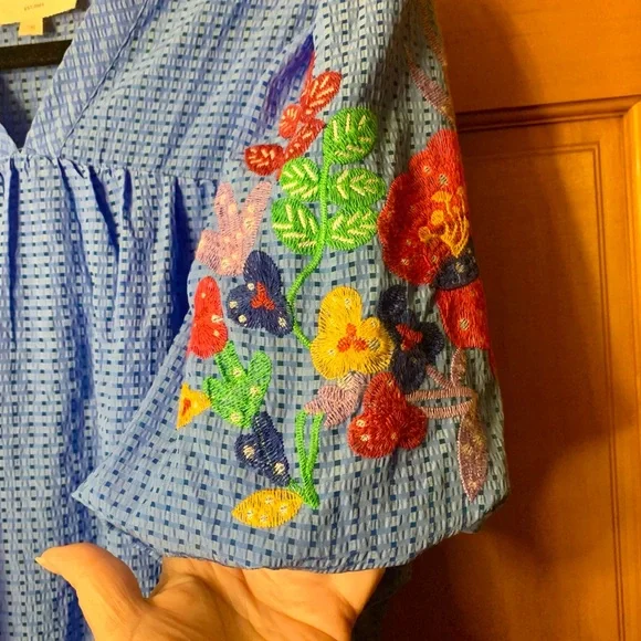 Umgee Ocean Blue Midi Dress with Multicolor Embroidered Sleeves - Picture 3 of 10